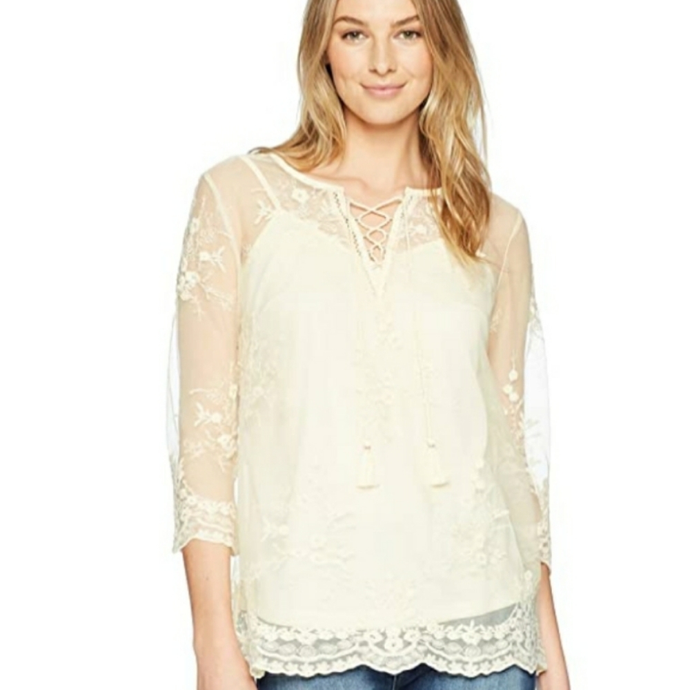 VINTAGE AMERICA Mona Lace Boho Angel Romantic Overlay Top Ivory NWT